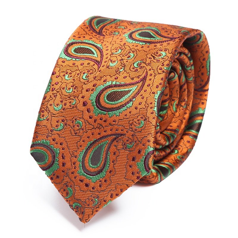wholesale store the neckties black green orange paisley men's slim polyester microfiber tie and pocket square set for men