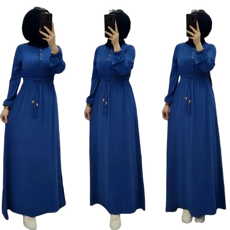 New factory price Muslim long dress elegant slim waist long sleeve skirt with belt palestinian abaya modest dress
