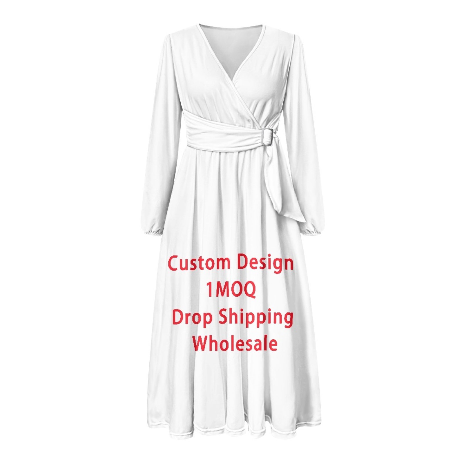 2024 New Fashion Waist Long Sleeve Tie Dress Print On Demand Custom Wholesale Hot Sale V-Neck Long Sleeve Featured Dress