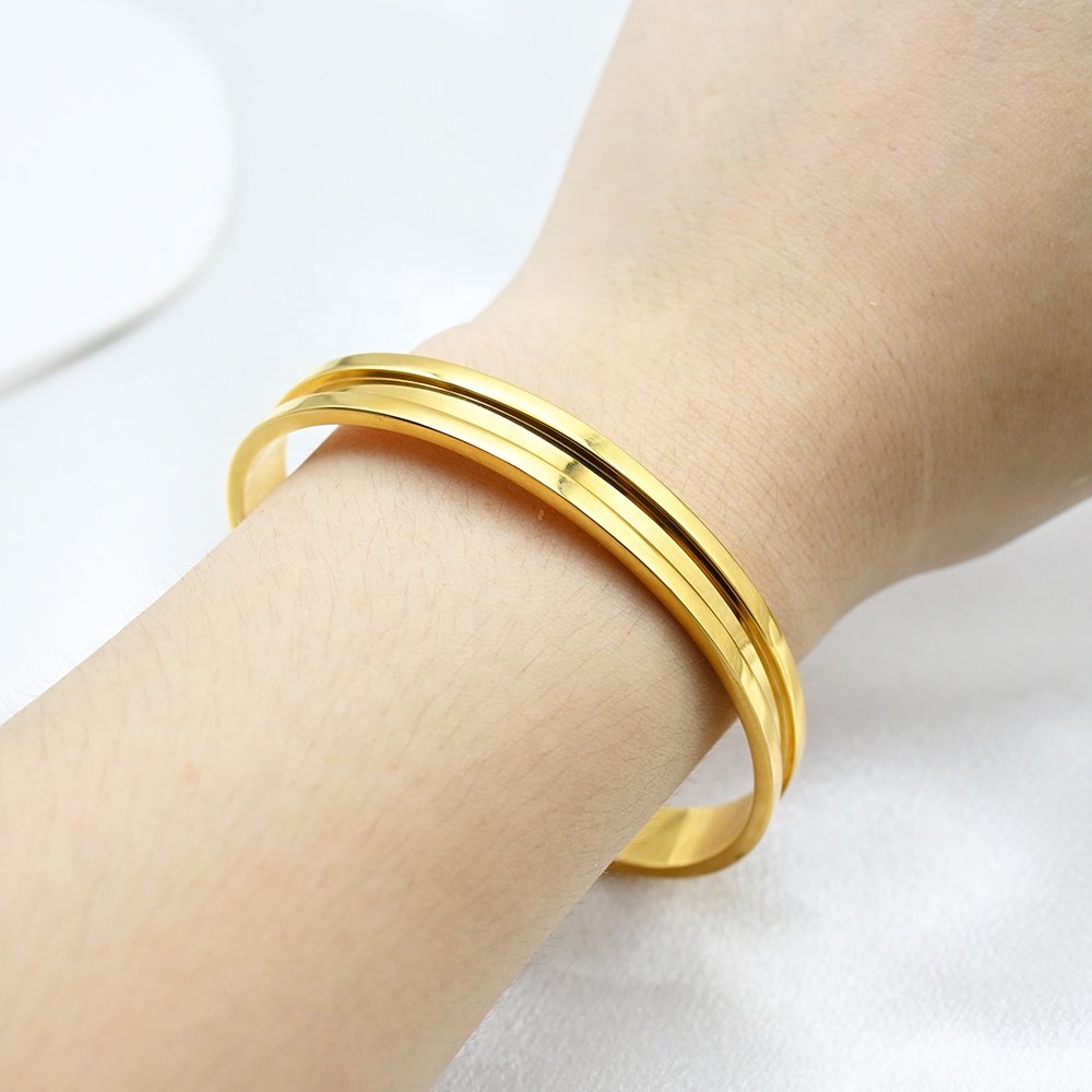 Fashionable stainless steel grooved hair tie bracelet Cuff Bangle Minimalist Waterproof Gold Plated Adjustable Open Bracelet