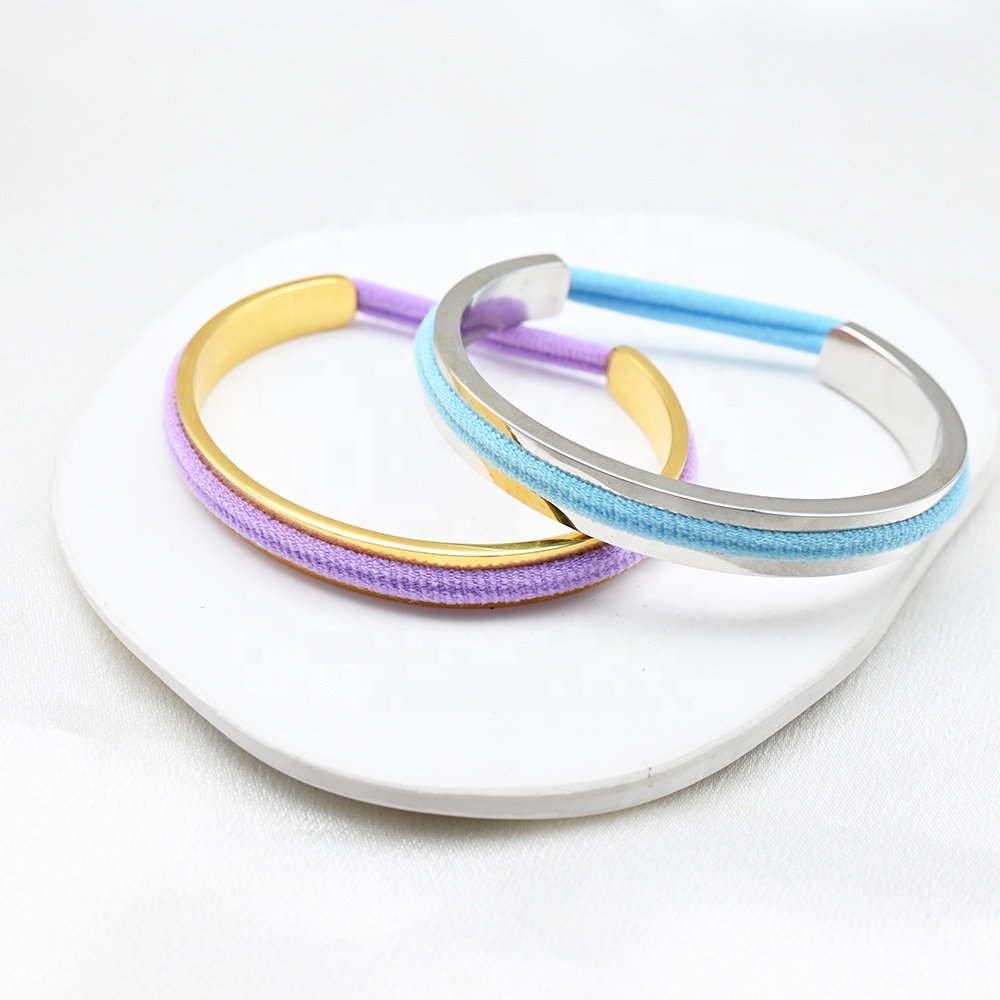 Fashionable stainless steel grooved hair tie bracelet Cuff Bangle Minimalist Waterproof Gold Plated Adjustable Open Bracelet