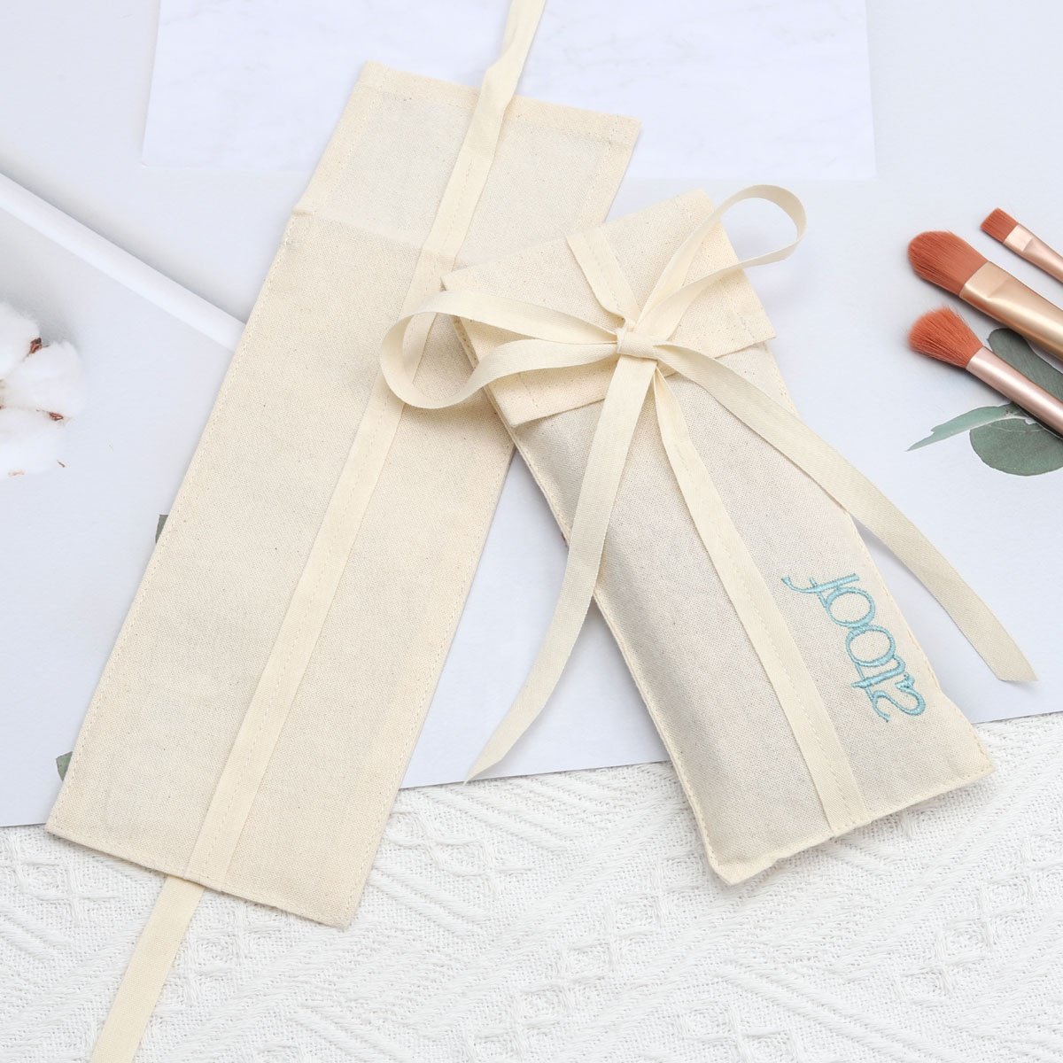 Custom Logo Printed Reusable Organic Cotton Envelope Chopsticks Pen Napkin Packing Dust Bag Flap Muslin Envelope Pouch With Tie