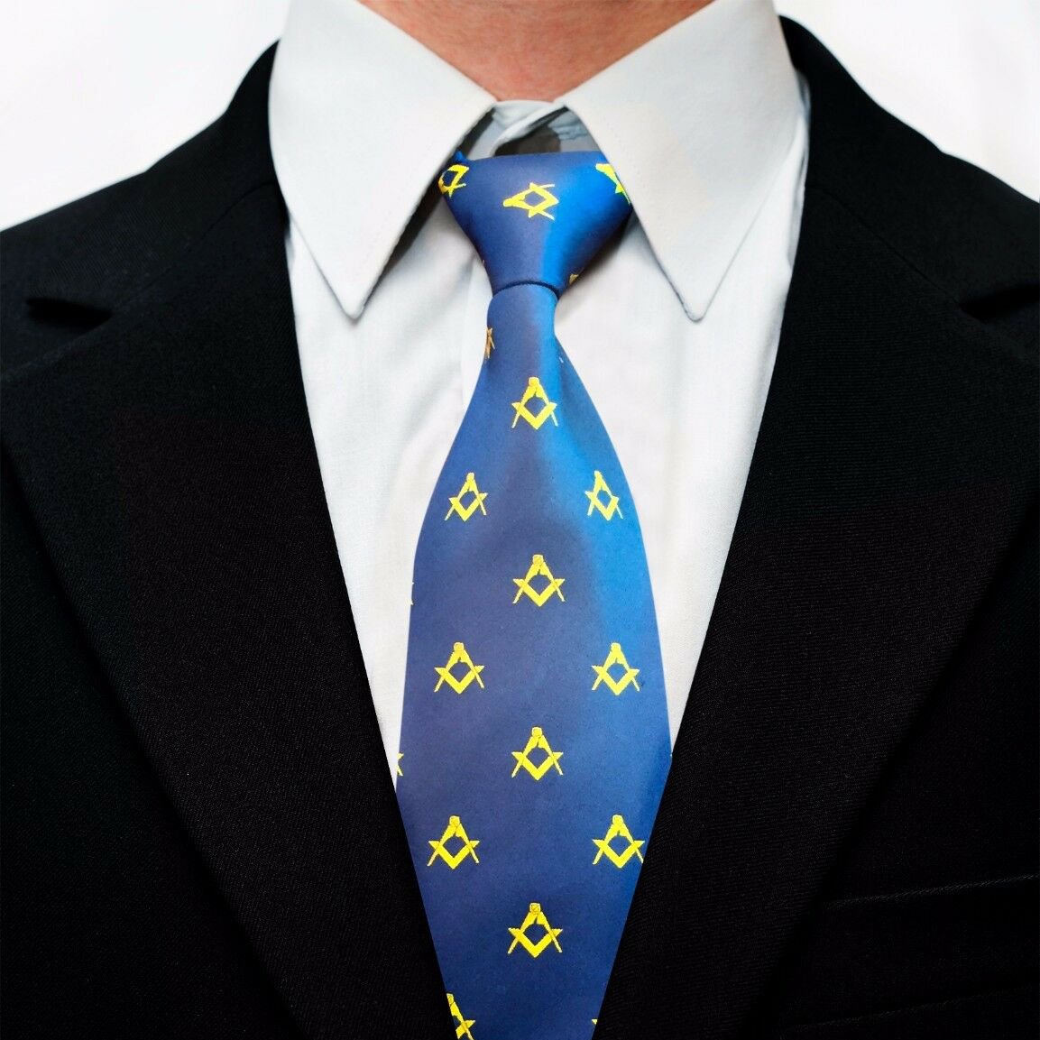 Blue and Yellow Square & Compass Design Masonic Logo Necktie Microfiber Polyester Woven with Jacquard Pattern