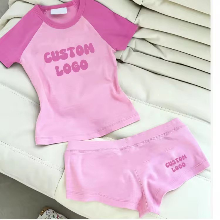 Custom Logo Summer Y2K Matching Set Baby Tee Slim Fit Raglan Bodycon T-Shirts Cropped Two Pieces Short Sets For Women