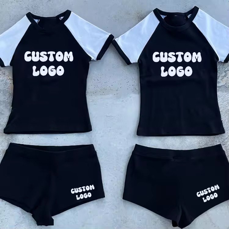 Custom Logo Summer Y2K Matching Set Baby Tee Slim Fit Raglan Bodycon T-Shirts Cropped Two Pieces Short Sets For Women