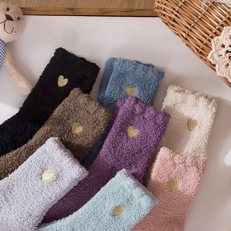 8 Colors in stock custom embroidery heart ladies thick winter cozy floor pink fuzzy fluffy socks