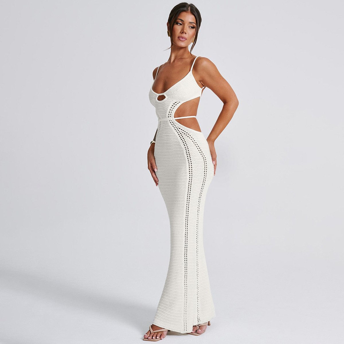 Hollow Out Knitted Sling Midi Dress Women Backless Lace Up Backless Sleeveless Dresses 2024 Lady Street Vestidos White 2930