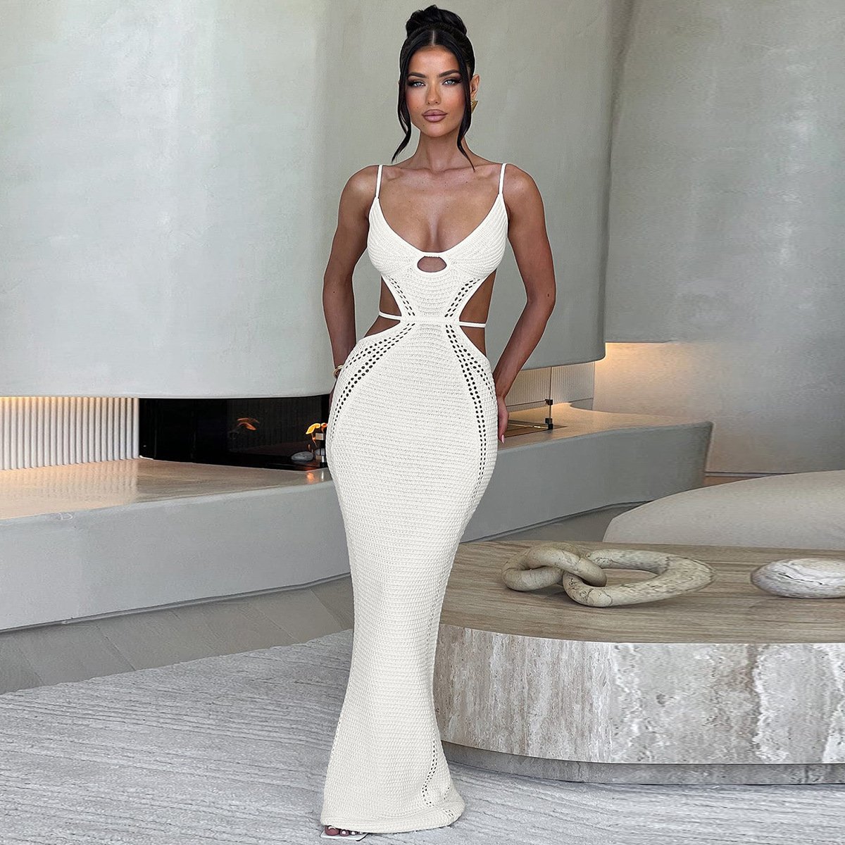 Hollow Out Knitted Sling Midi Dress Women Backless Lace Up Backless Sleeveless Dresses 2024 Lady Street Vestidos White 2930