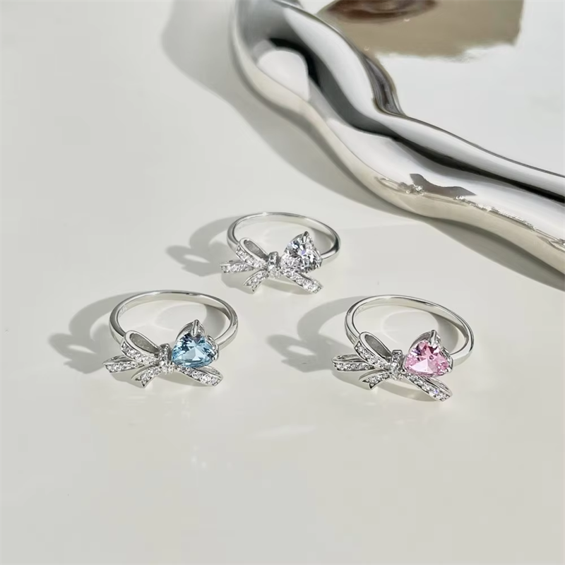 Dropshiping Fine Jewelry Valentine's Day Gifts S925 Silver Sparkle 5A Cubic Zirconia Diamond Bowknot Bowtie Shape RingsJewellery