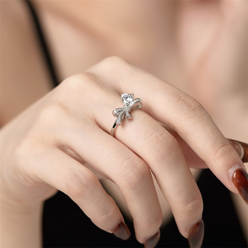 Dropshiping Fine Jewelry Valentine's Day Gifts S925 Silver Sparkle 5A Cubic Zirconia Diamond Bowknot Bowtie Shape RingsJewellery