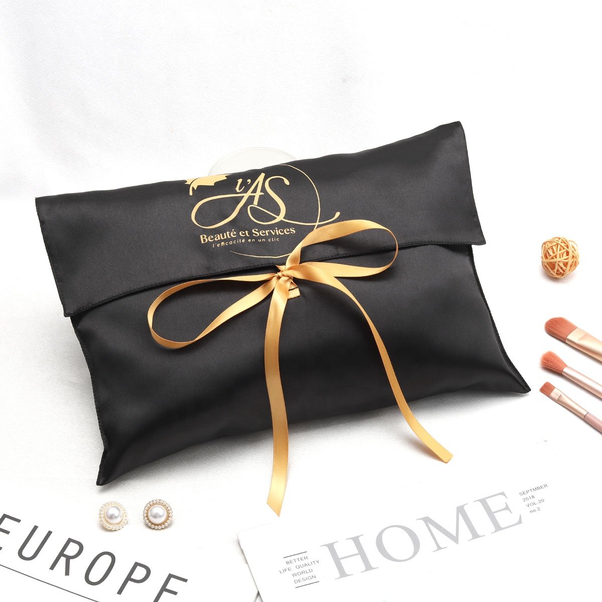 Luxury Black Satin Hair Wig Extension Packing Envelope Bag With Tie Custom Logo Printed Silk Pouch Swimwear Dust Silk Satin Bag