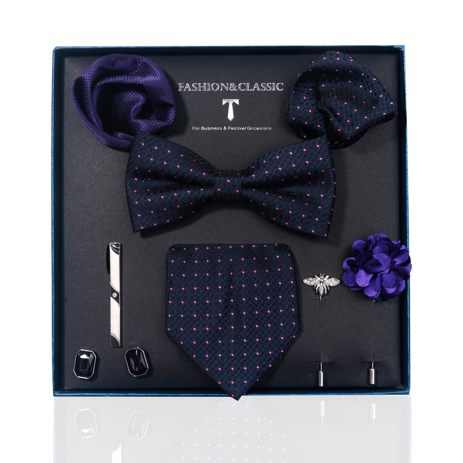 Wholesale Silk Classic Tie Pocket Squares Cufflink Handkerchief Box Men Blue Print Suit Accessories Fit Party Birthday Gift