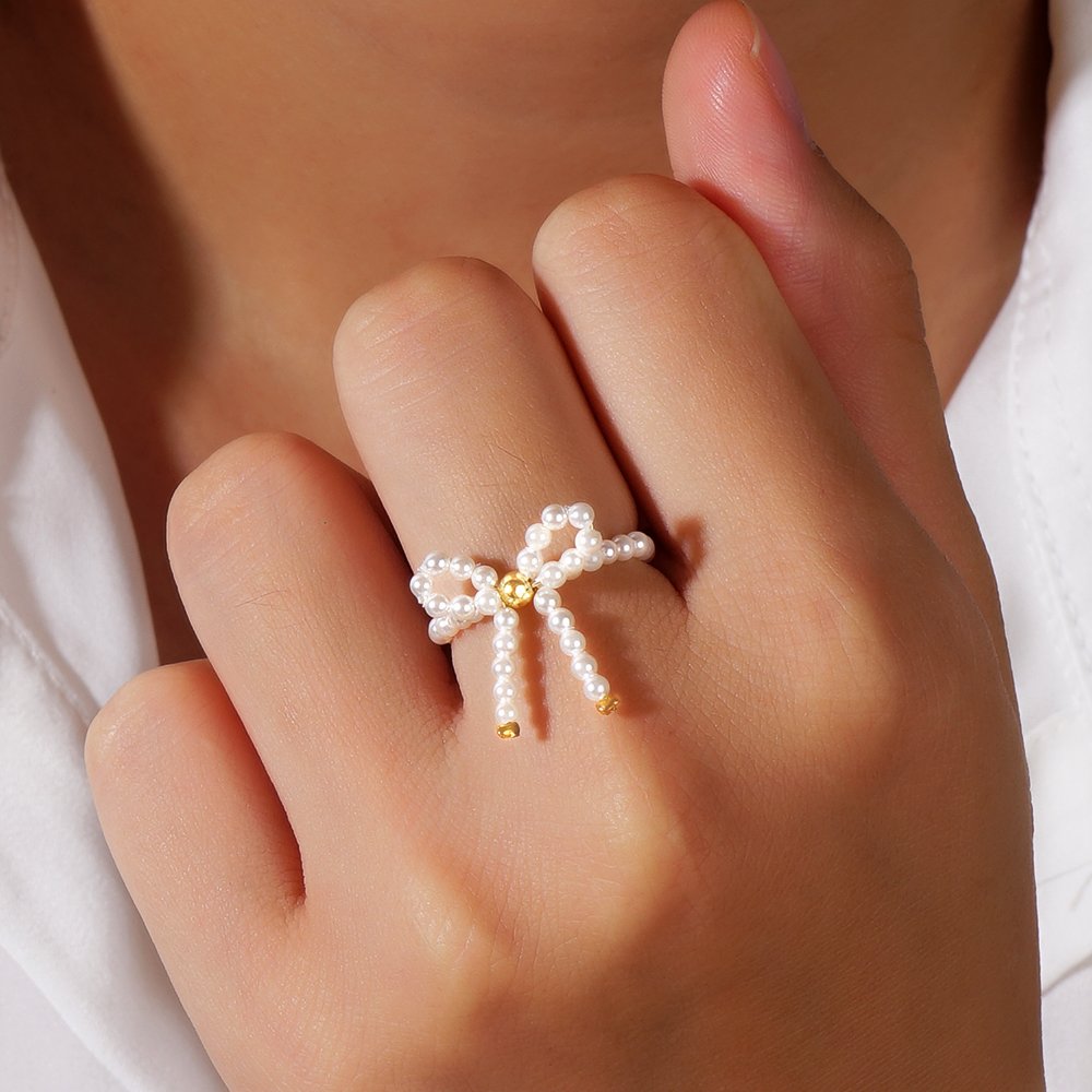 Go2boho Summer Beach New Gorgeous Imitation Pearls Fashion Jewelry Design Bow Ties Beaded Rings for Women Anniversary Gifts