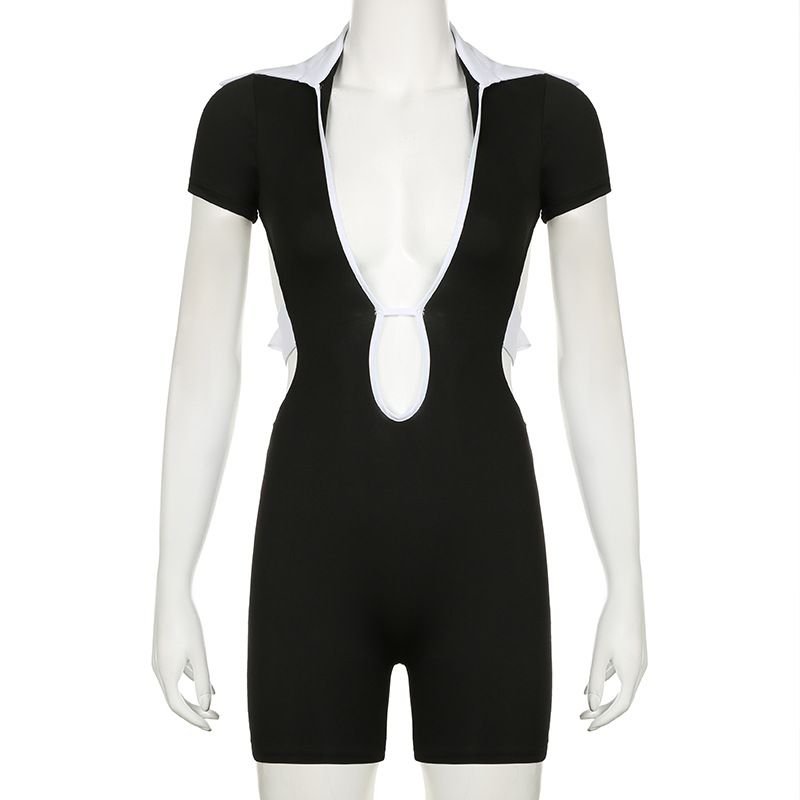 Sexy Party Club Deep V Neck Rib Knit Rompers Fashion Bodycon Patchwork Girls Women's Backless Tie Up Romper