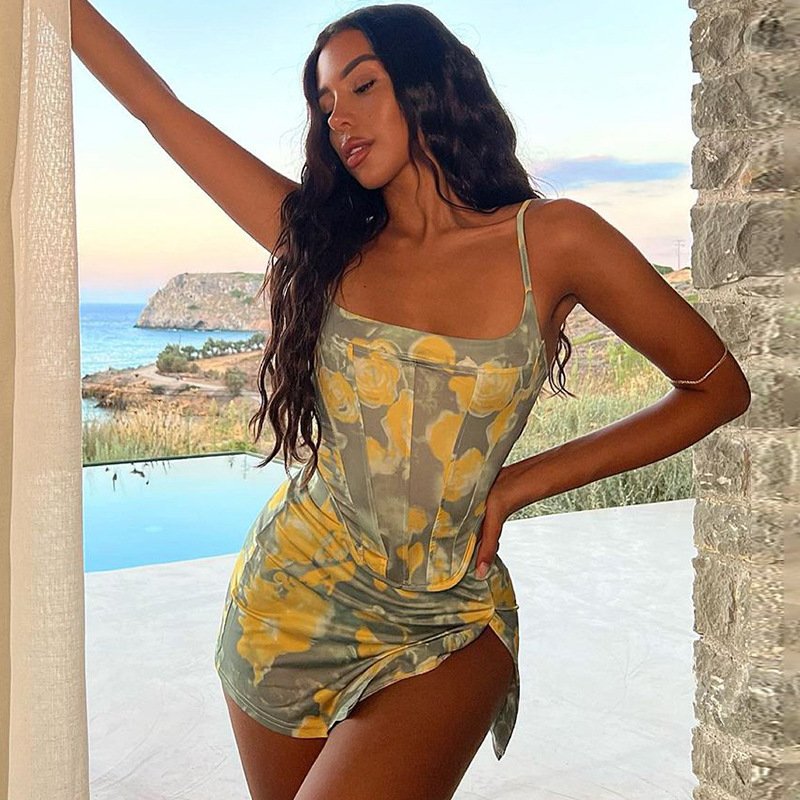 Lygens 9936 Sleeveless Tube Tie Dye Print Corset Mini Skirt 2022 New Fashion Fall Elegant Party Club Casual Women'S Sets
