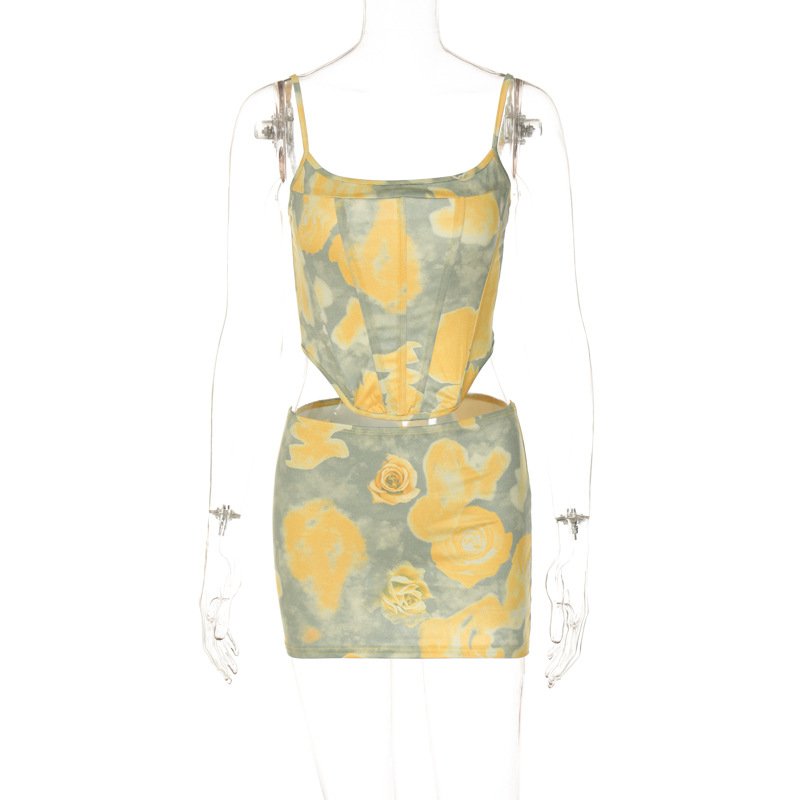 Lygens 9936 Sleeveless Tube Tie Dye Print Corset Mini Skirt 2022 New Fashion Fall Elegant Party Club Casual Women'S Sets