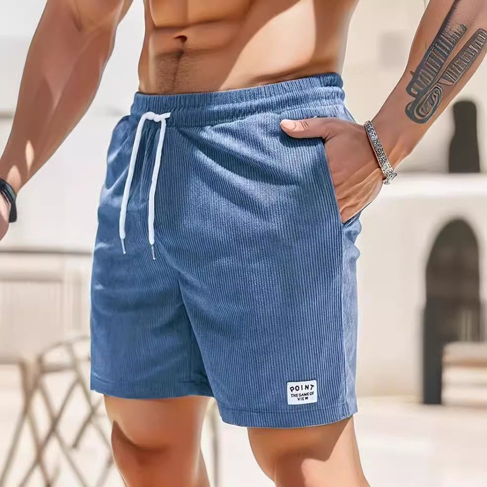 2024 Summer Pure Color Tied Sports Polyester Shorts Corduroy Simple Men's Casual Shorts