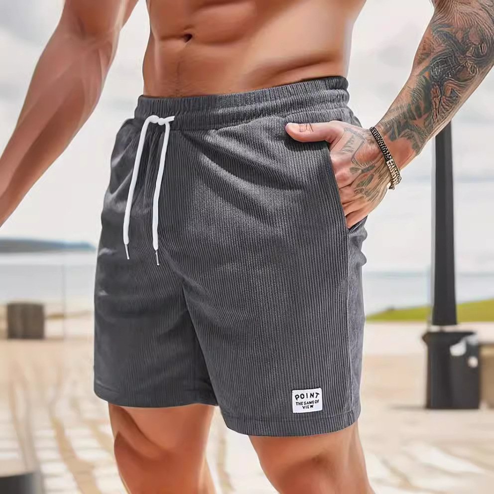 2024 Summer Pure Color Tied Sports Polyester Shorts Corduroy Simple Men's Casual Shorts