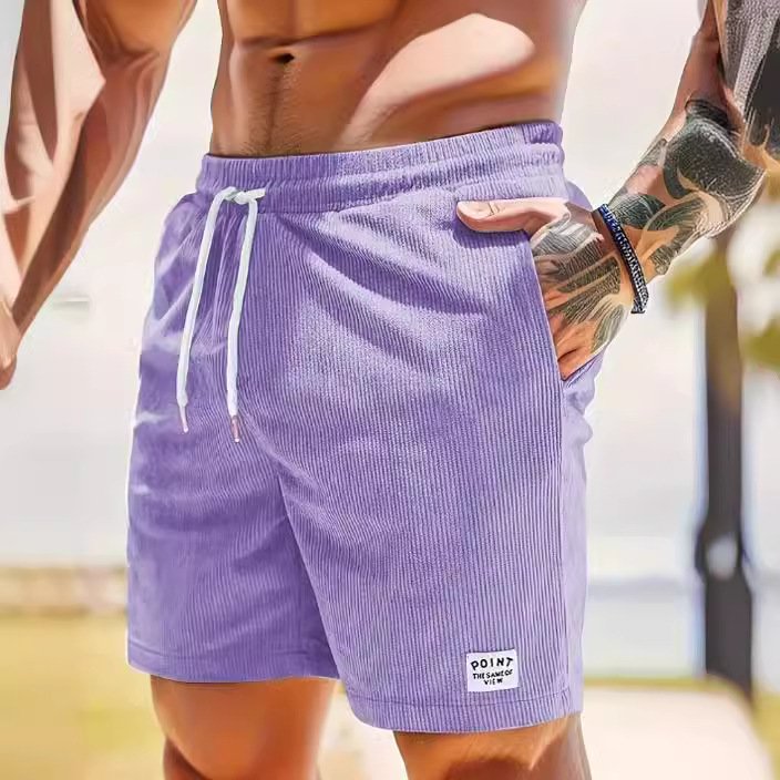 2024 Summer Pure Color Tied Sports Polyester Shorts Corduroy Simple Men's Casual Shorts