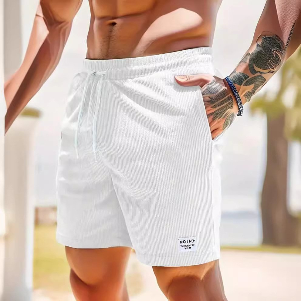 2024 Summer Pure Color Tied Sports Polyester Shorts Corduroy Simple Men's Casual Shorts