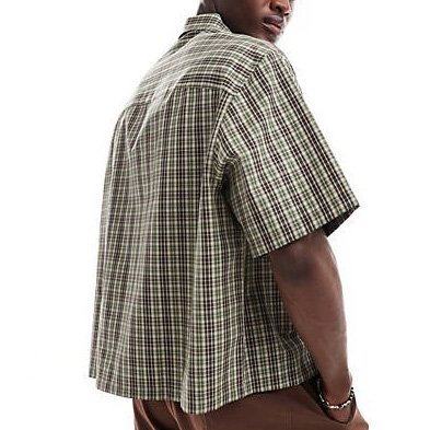 Cut And Sew Spread Collar Chest Pocket Boxy Cropped T Shirt Short Sleeve Button Down Oversized Neutral Check Shirt For Men