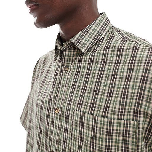 Cut And Sew Spread Collar Chest Pocket Boxy Cropped T Shirt Short Sleeve Button Down Oversized Neutral Check Shirt For Men