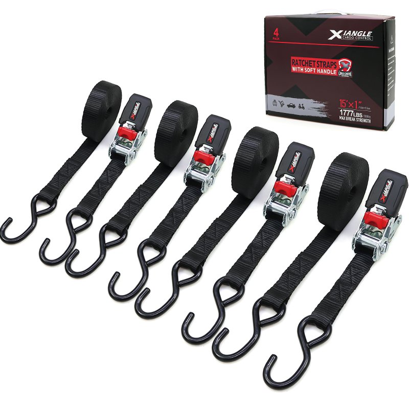4pk 1inch 1777lbs rubber handle ratchet belt strap tie down with s-hook