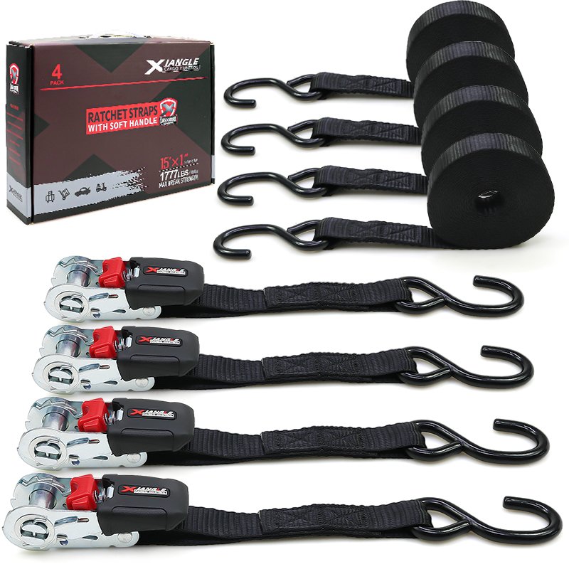 4pk 1inch 1777lbs rubber handle ratchet belt strap tie down with s-hook