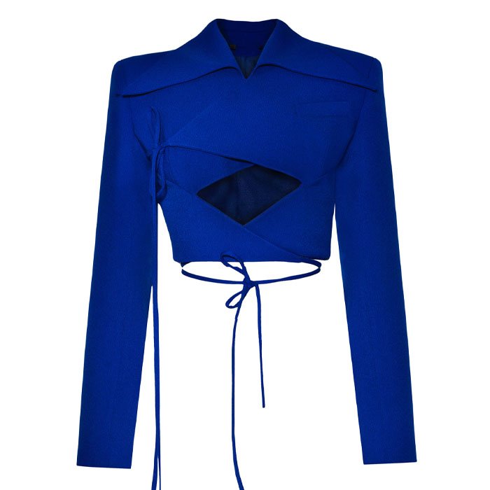 OEM custom design long straps wrap cropped blazer sexy one chest pockets cut out plaid blazer for women