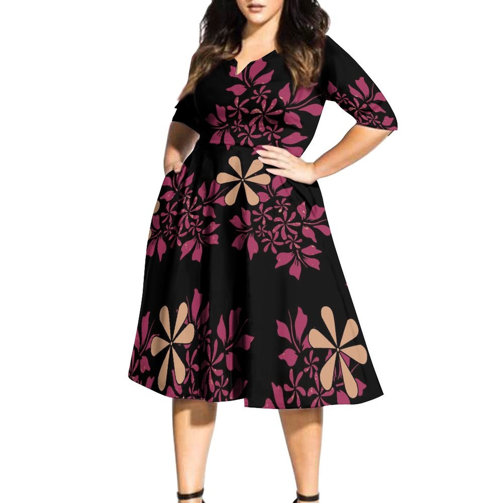 Wholesale Customized V Neck Half Sleeve Midi Ladies Dresses Women Elegant Tapa Polynesian Dress Plus Size Womens Clothing 6XL
