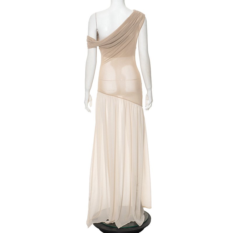 New Fashion Women's Clothing Elegant One Shoulder Color Blocking Patchwork Mesh Girl Casual Long Maxi Dresses