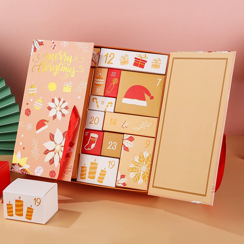 Custom Empty Advent Calendar Blind Box Festival Decoration Beauty Cosmetic Packaging Bow Tie Door Open 24 Countdown Christmas