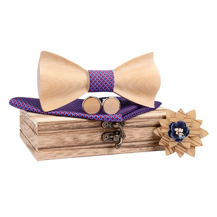 2020 new Fashion 3D Handmade Wooden Bow Tie and Handkerchief Set Mens Bow Tie silk and cotton Square towel