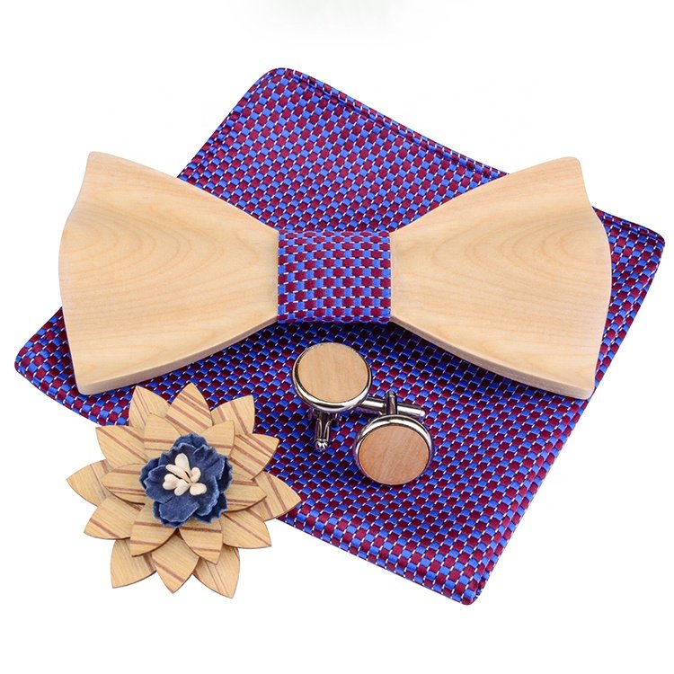 2020 new Fashion 3D Handmade Wooden Bow Tie and Handkerchief Set Mens Bow Tie silk and cotton Square towel