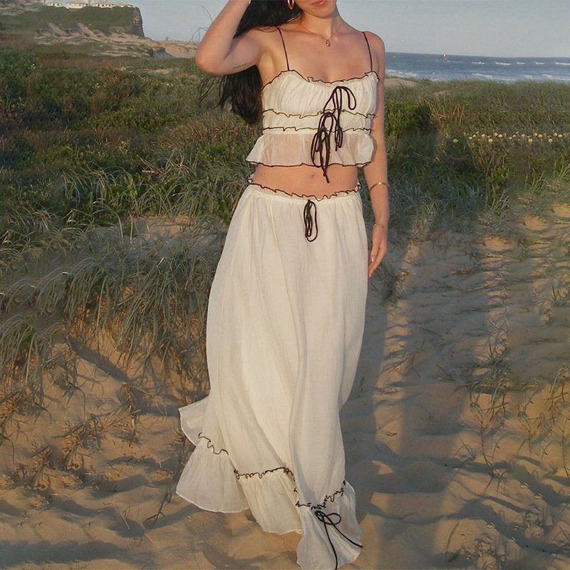 Women 2 Piece Y2K Long Skirt Set Spaghetti Strap Cropped Cami Button Top Ruffle Tiered Maxi Skirt Dress Outfits 2876