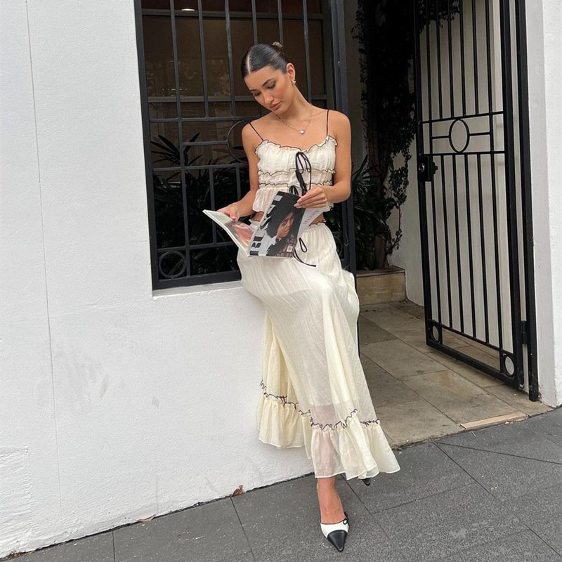 Women 2 Piece Y2K Long Skirt Set Spaghetti Strap Cropped Cami Button Top Ruffle Tiered Maxi Skirt Dress Outfits 2876