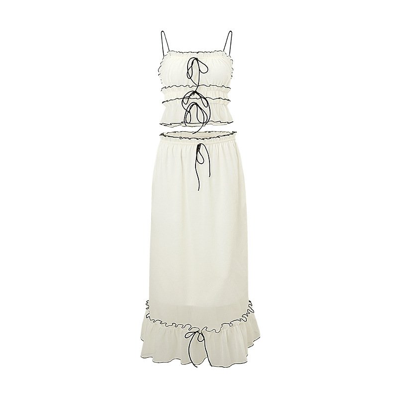 Women 2 Piece Y2K Long Skirt Set Spaghetti Strap Cropped Cami Button Top Ruffle Tiered Maxi Skirt Dress Outfits 2876