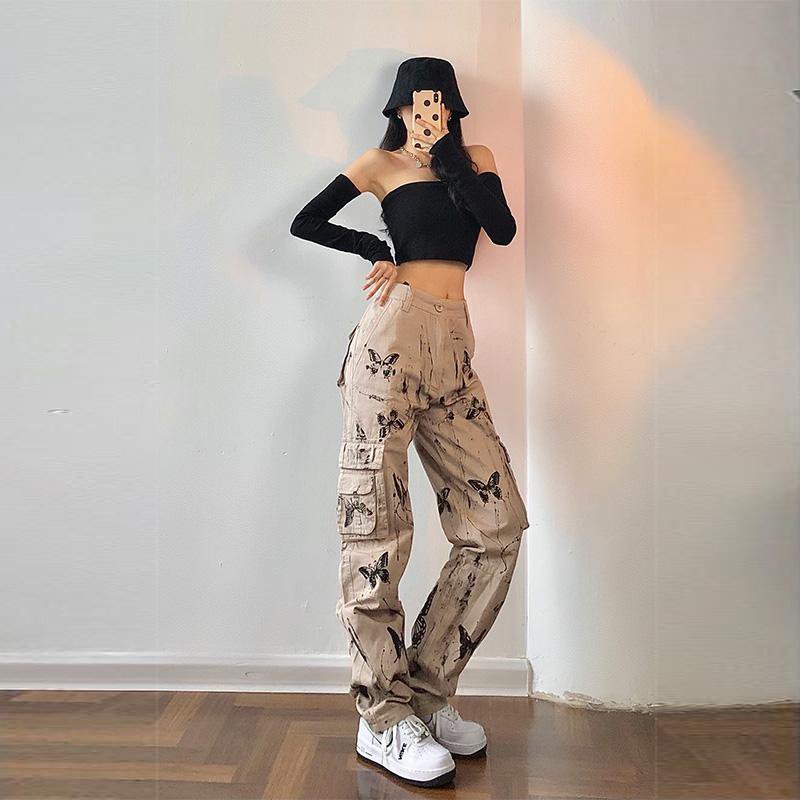 Custom OEM Manufacturer Vintage Pockets High Waist Streetwear baggy Casual ladies Long parachute Cargo Pant for women Trousers
