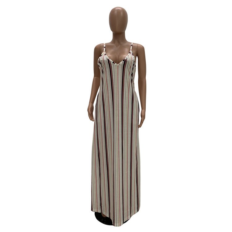 Best Seller New Arrivals Colorful Summer Women Sexy Casual Maxi Dresses Spaghetti Strap Stripped Floor Length Long Sundress