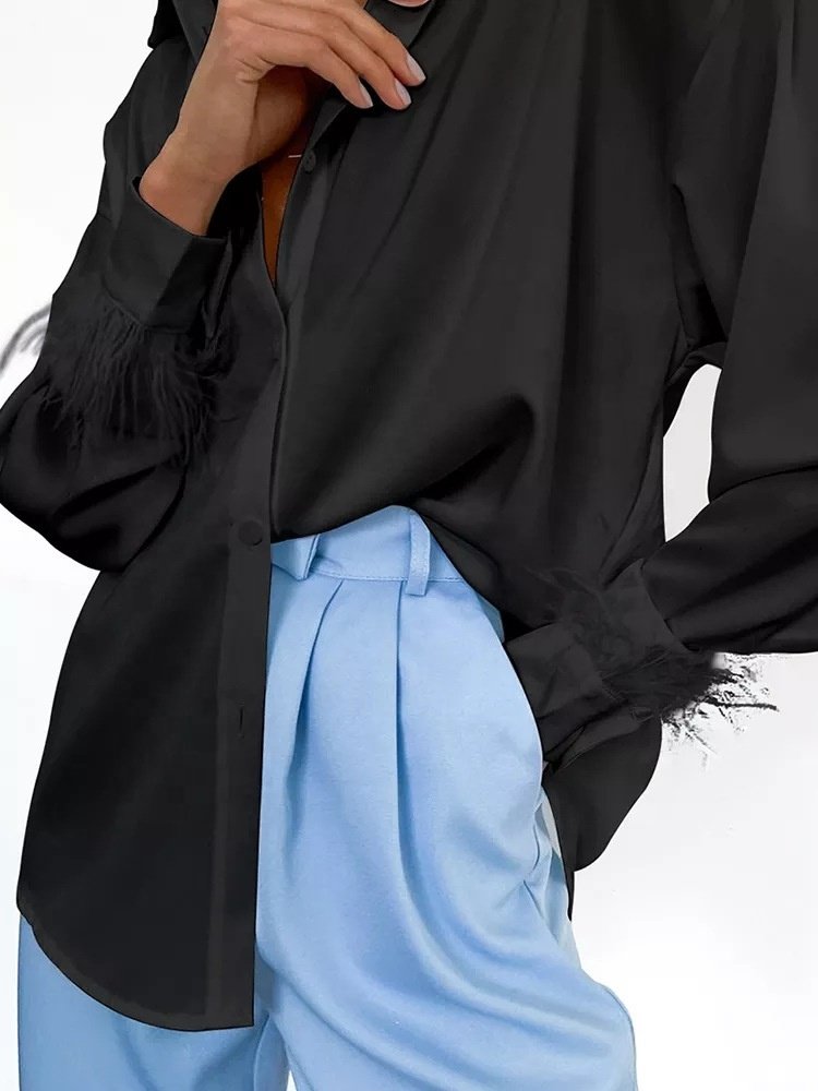 New Arrival Casual Silk Satin Feather Women Blouses Tops Fashion Blouses Shirt For Lady