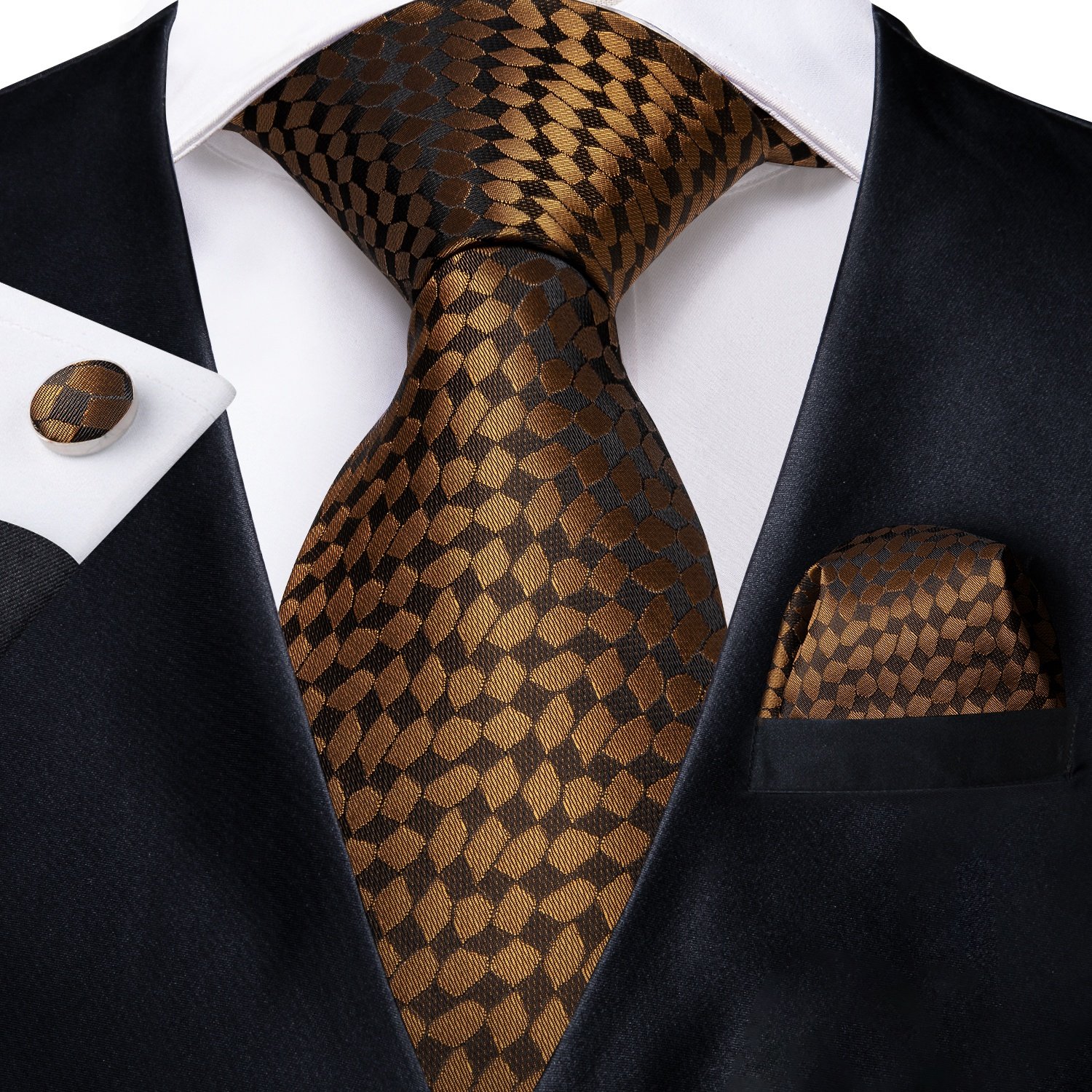 LELE Factory Custom Formal Business Black Gold Silk Mens Tie Classic Silk Tie Hanky Cufflinks Set