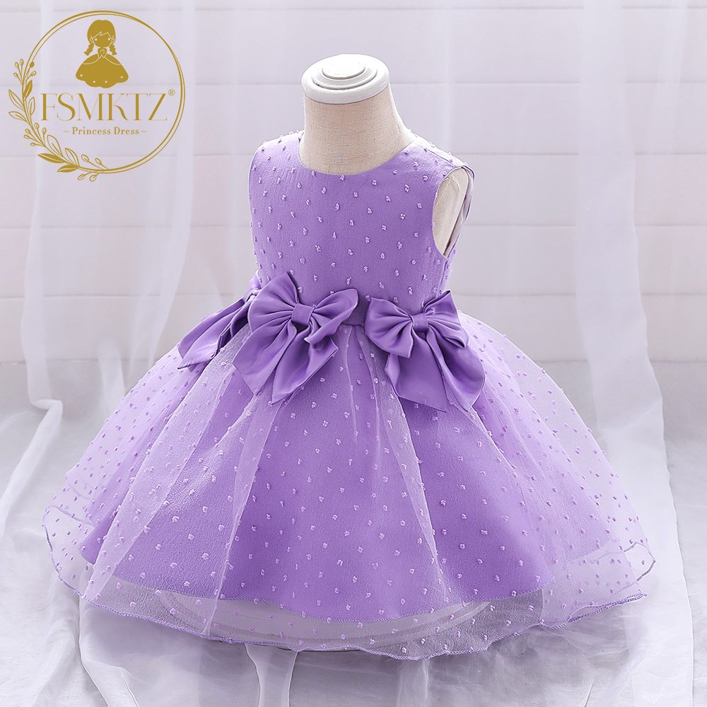 FSMKTZ Baby's Sleeveless Polka Dot Organza Dress with 3 Bow Tie Birthday Girls' Dress Children's Party Gown