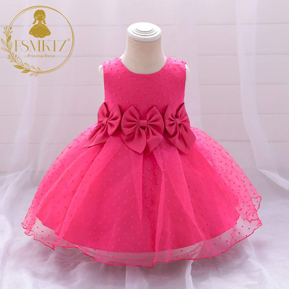 FSMKTZ Baby's Sleeveless Polka Dot Organza Dress with 3 Bow Tie Birthday Girls' Dress Children's Party Gown