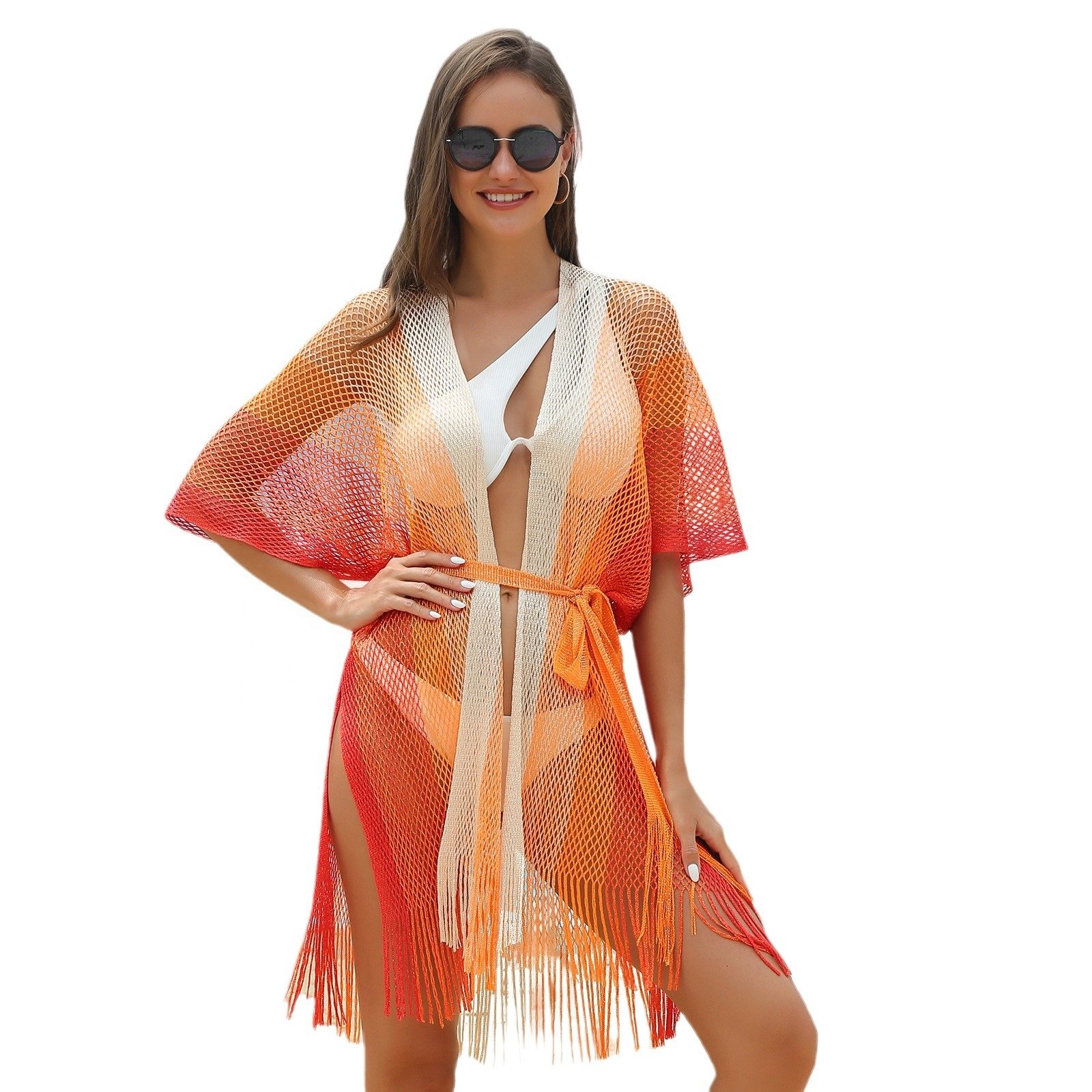 Newest Women Gradient Bikini Beach Cover Up Dress Fashion Fringes Split Knitted Crochet Hollowed-out Holiday Beachwear with Belt