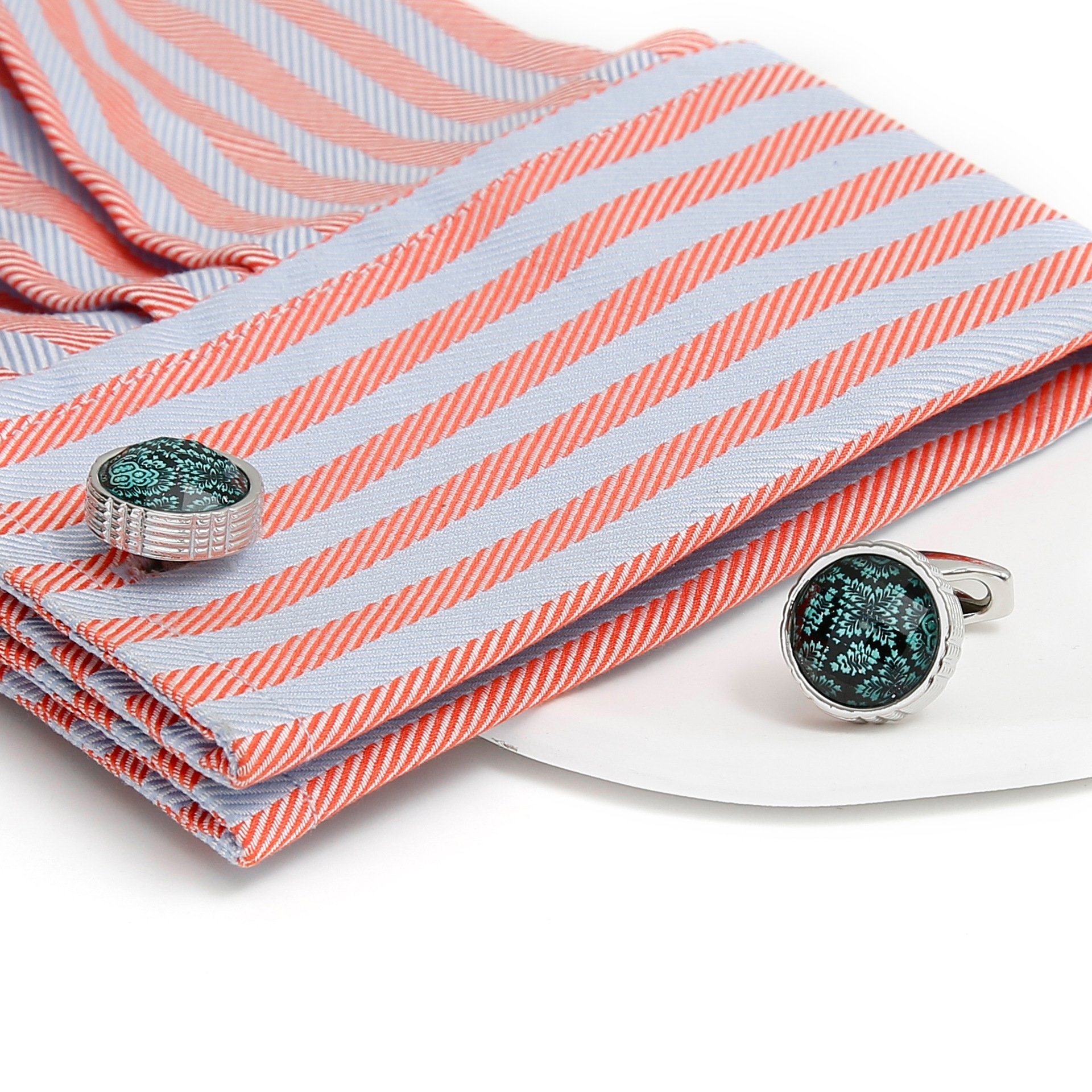Cufflinks for Men French Casual Green Pattern Round Button Formal Dress Shirt Sleeve Cuff Links Jewelry Wedding Gifts(CL052)