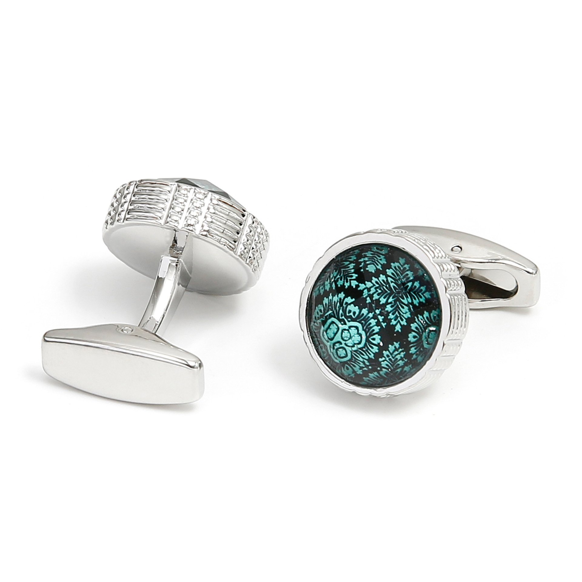Cufflinks for Men French Casual Green Pattern Round Button Formal Dress Shirt Sleeve Cuff Links Jewelry Wedding Gifts(CL052)