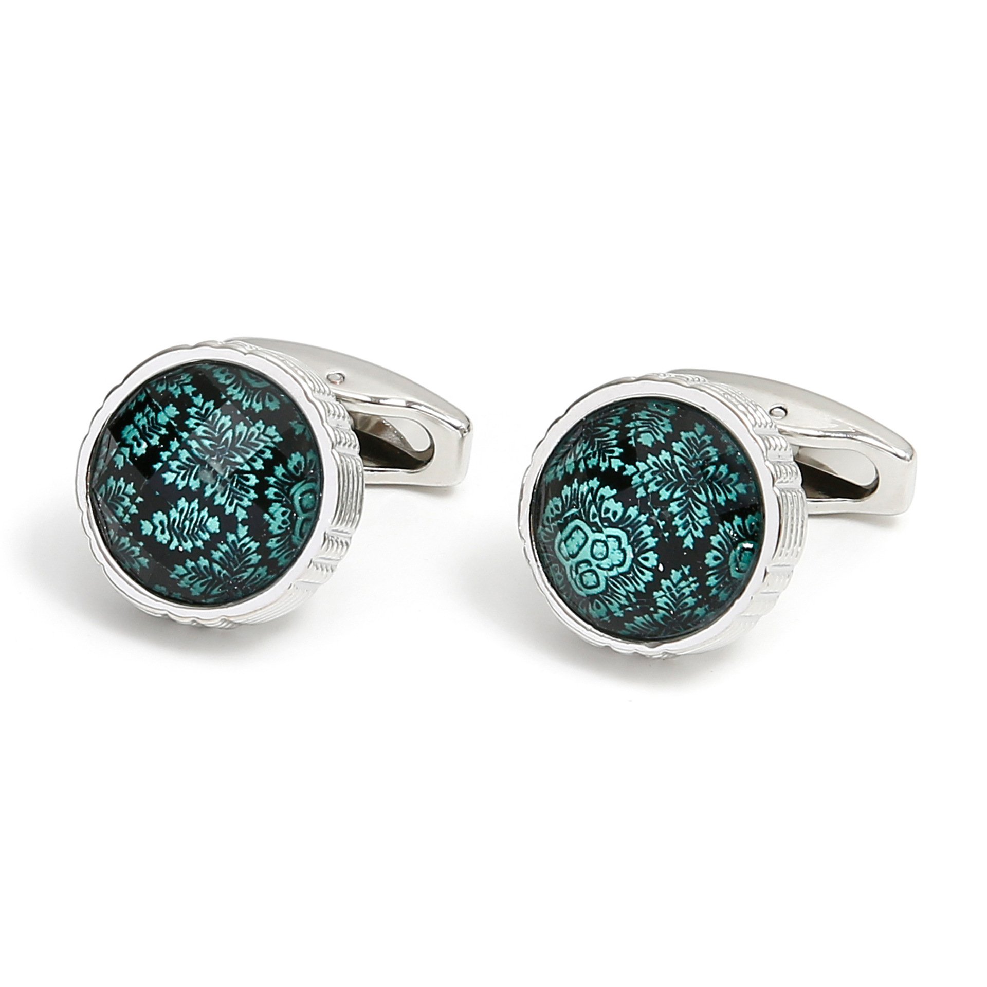 Cufflinks for Men French Casual Green Pattern Round Button Formal Dress Shirt Sleeve Cuff Links Jewelry Wedding Gifts(CL052)