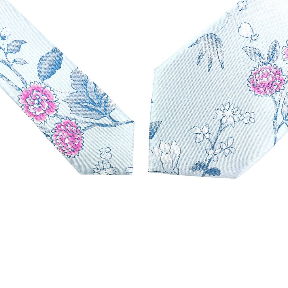 China Manufacturer Wholesale Necktie Slim Skinny Narrow Custom Dusty Blue Pink Men Floral Spring Microfiber Poly Woven Tie