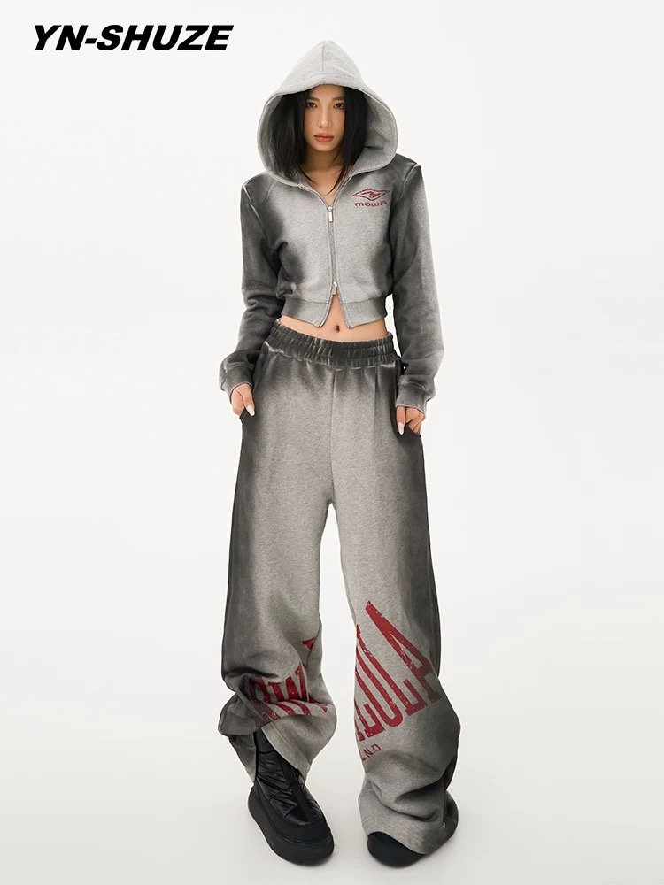 Custom logo wash hoodie set tie-dye 3D printing pickling heavyweight wool two-piece super large women's sportswear manufacturer