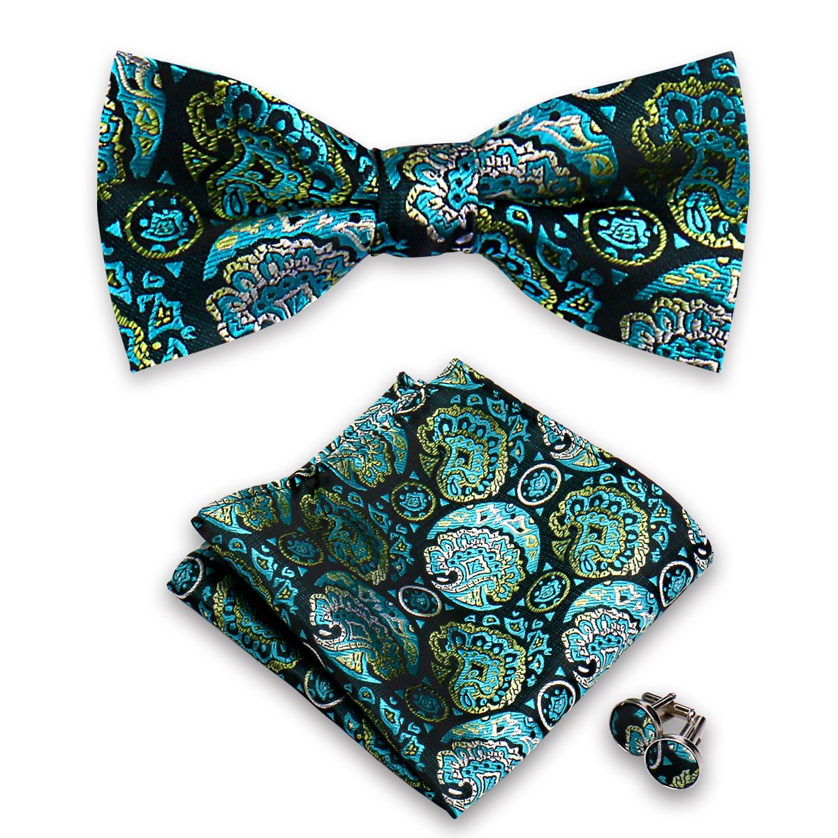 Paisley Floral Check Bow Tie Handkerchief Set Men Butterfly Wedding Carvat With Cufflinks Groom Tuxedo Silk Bowties